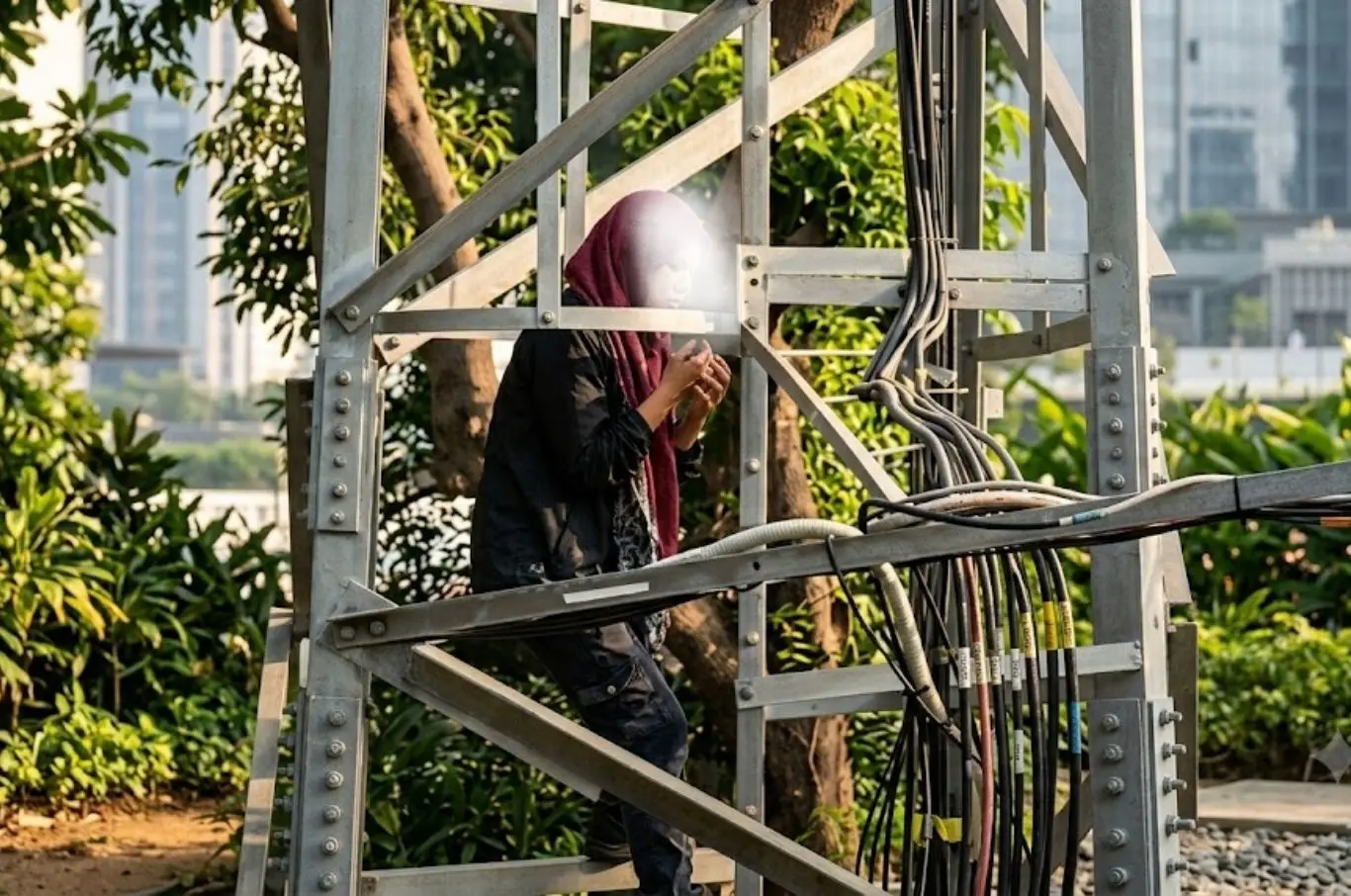 Young woman climbs mobile tower in Bhadohi